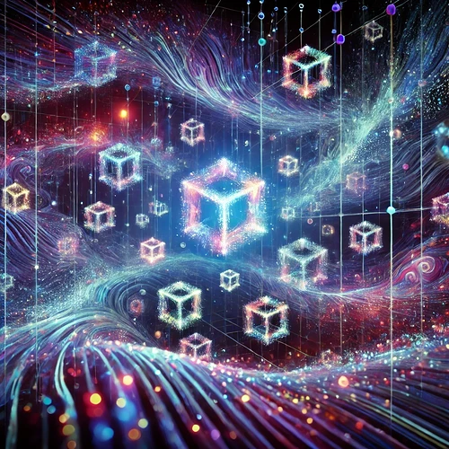 DALL·E 2024-10-02 14.08.15 - A dynamic representation of blockchain nodes appearing and reappearing in a 4D reality, traversing the quantum realm. The image features layers of int