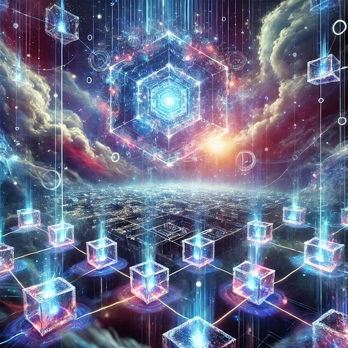 DALL·E 2024-10-02 14.08.08 - A captivating visualization of blockchain nodes materializing and dematerializing in a 4D reality, delving into the quantum realm. The scene features