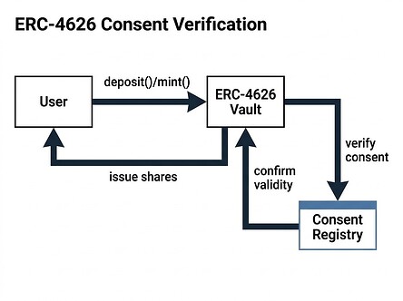 A clean, professional flowchart illustrating the ERC-4626 Consent Verification process. Step 1: A 'User' node points to 'ERC-4626 Vault' with the label 'deposit()/mint()'. Step 2: 'ERC-4626 Vault' points to 'Consent Registry' with 'verify consent'. Step 3: 'Consent Registry' points back to 'ERC-4626 Vault' with 'confirm validity'. Step 4: 'ERC-4626 Vault' points back to 'User' with 'issue shares'. The flowchart uses standard rectangular process blocks and clear directional arrows.